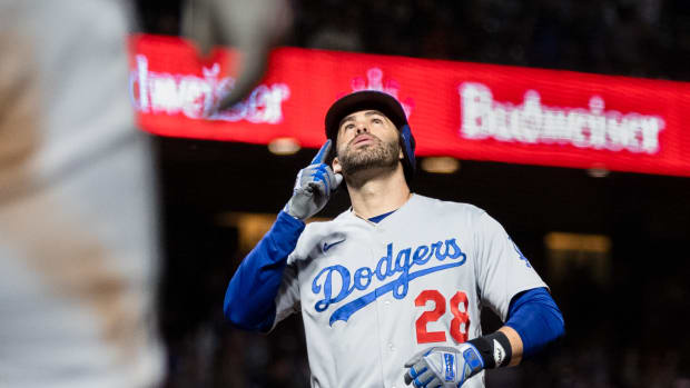 Los Angeles Dodgers designated hitter J.D. Martinez reacts after hitting a three-run home run against the SF Giants at Oracle Park. (2023)